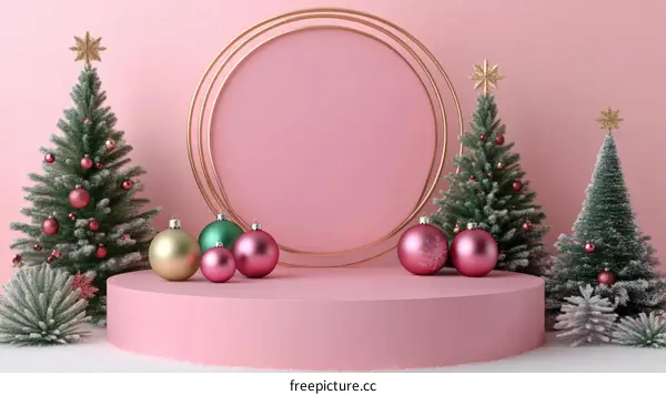 Pink Christmas Scene with Decorative Trees and Balls