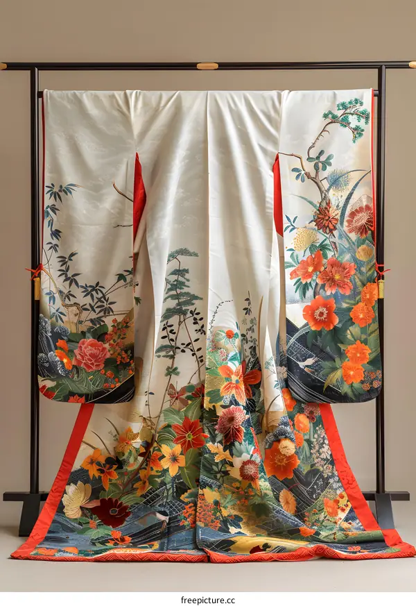 A kimono with a pattern of autumn flowers and plants