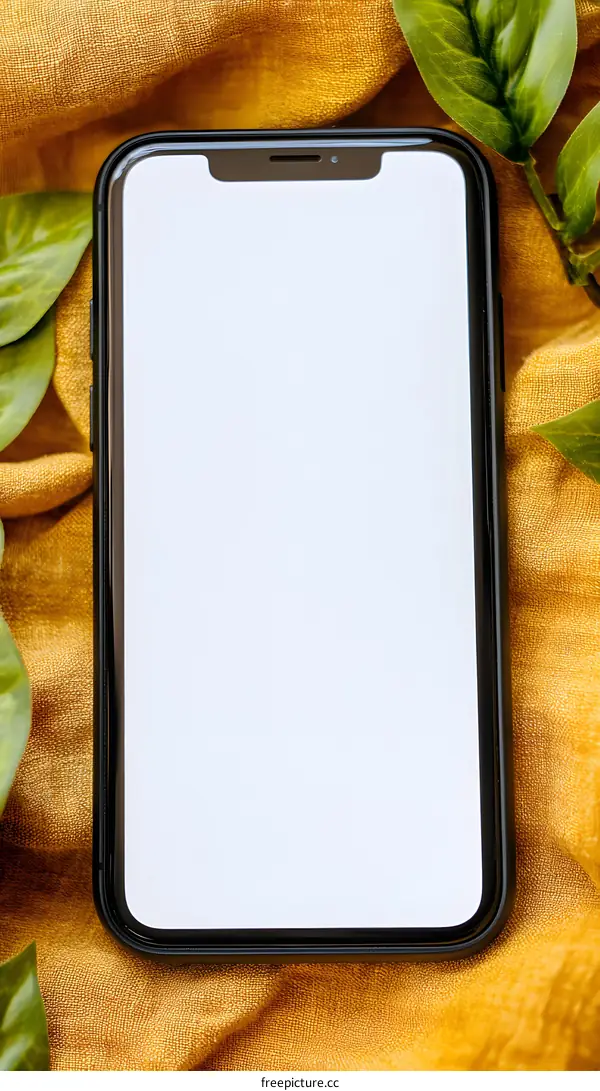 Black Smartphone on Yellow Fabric with Green Leaves