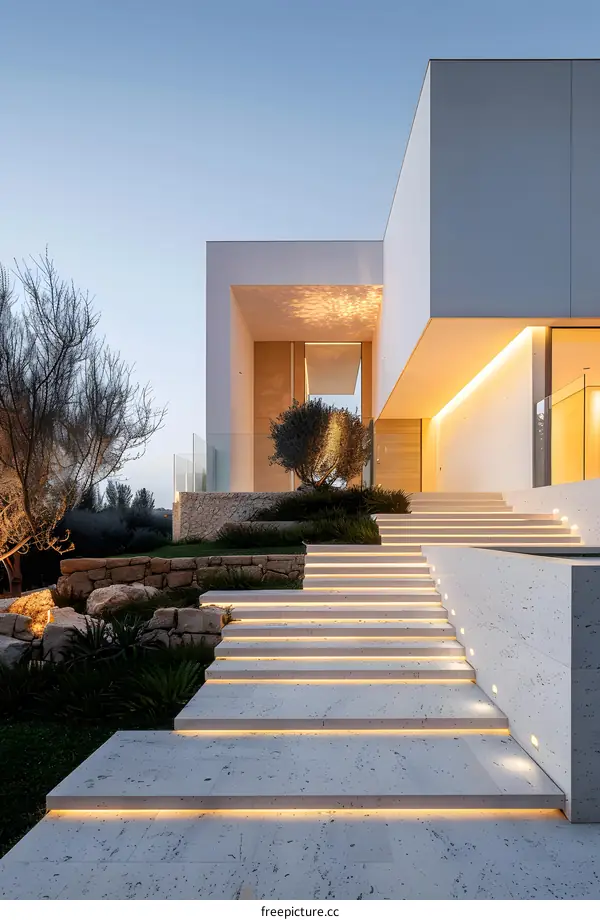 Modern House Entrance With Stone Steps And Lights