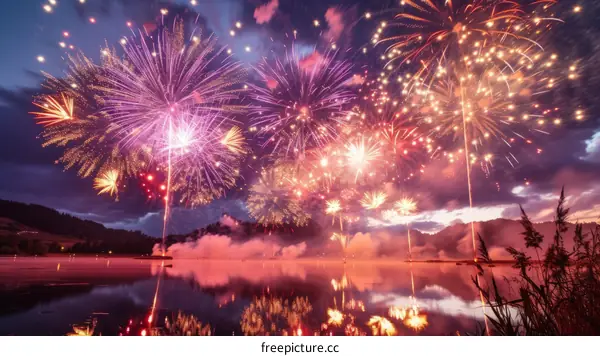 Fireworks light up the sky over a lake