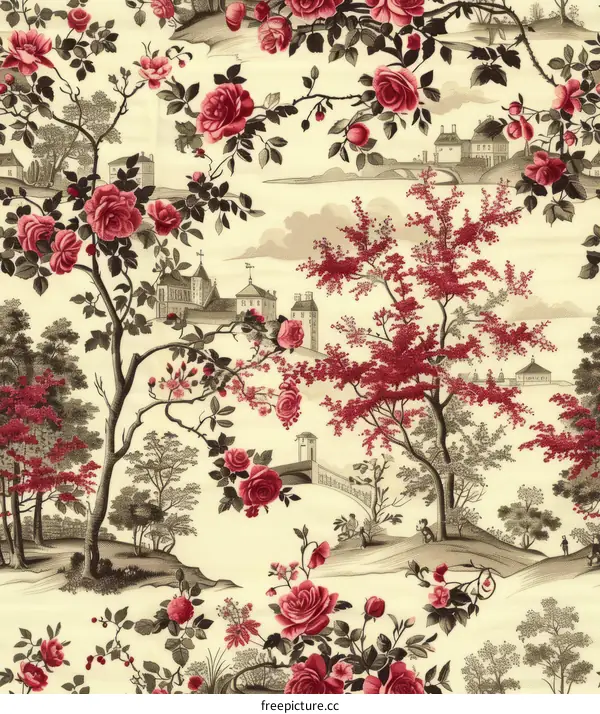 Vintage Toile de Jouy Pink Rose Floral Fabric