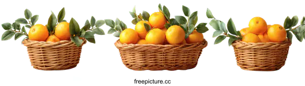 [Transparent Background PNG]Fresh Oranges in Wicker Baskets on a White Background