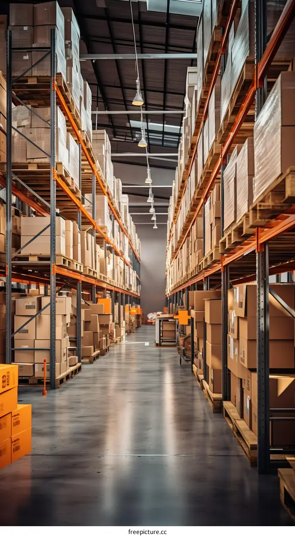 Massive Warehouse with Goods on High Shelves