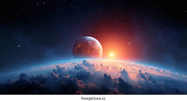 Celestial Sunrise Over a Planet