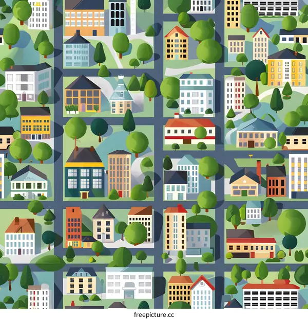 Aerial View of a City with Buildings and Trees