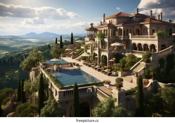 A luxurious mansion with a beautiful view