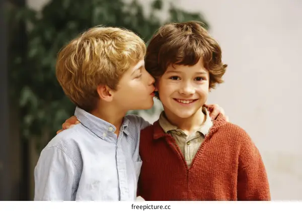 Two Children Kissing Affectionately