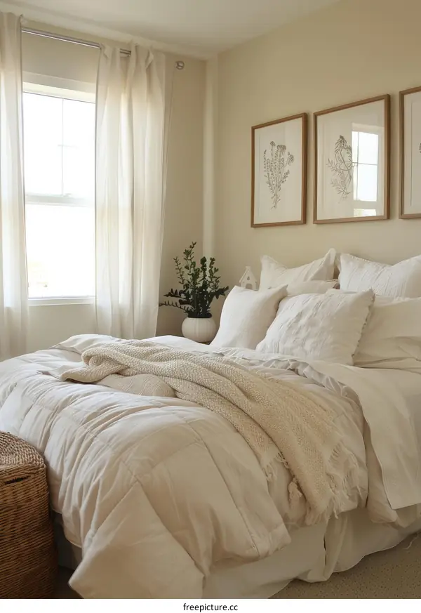 A cozy bedroom with a white duvet cover and lots of pillows
