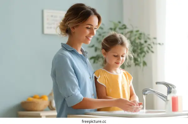 Mother and daughter washing hands in a bathroom