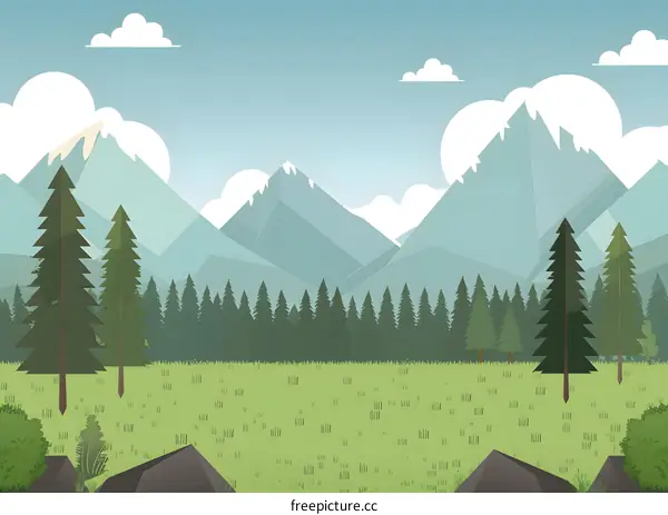 Mountain Landscape with Green Trees and Grass