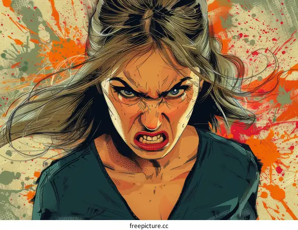 Angry Woman with Splashes of Color Illustration