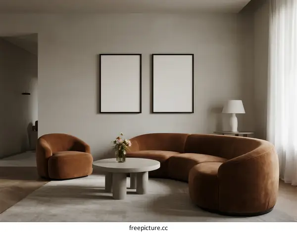 Modern living room with curved sofa and white framed artworks
