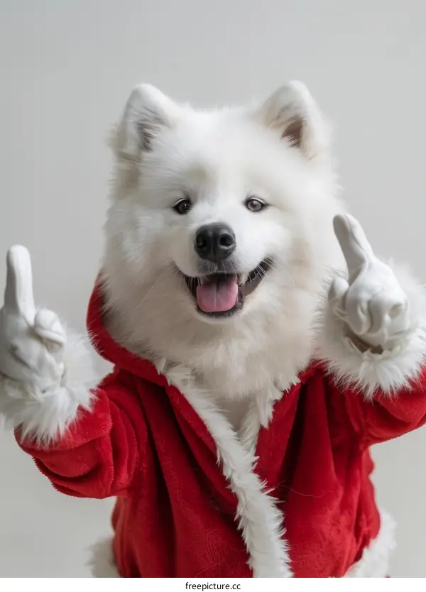 A Samoyed dog wearing a Santa costume is giving a thumbs up