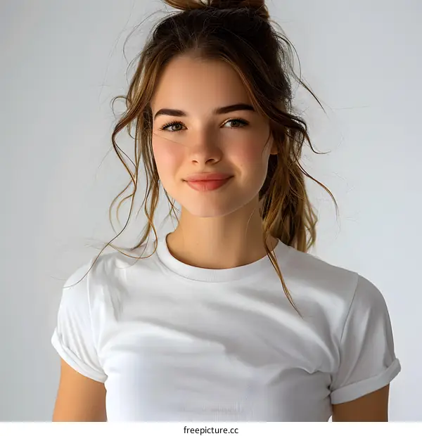 portrait of a beautiful young woman with brown hair and freckles