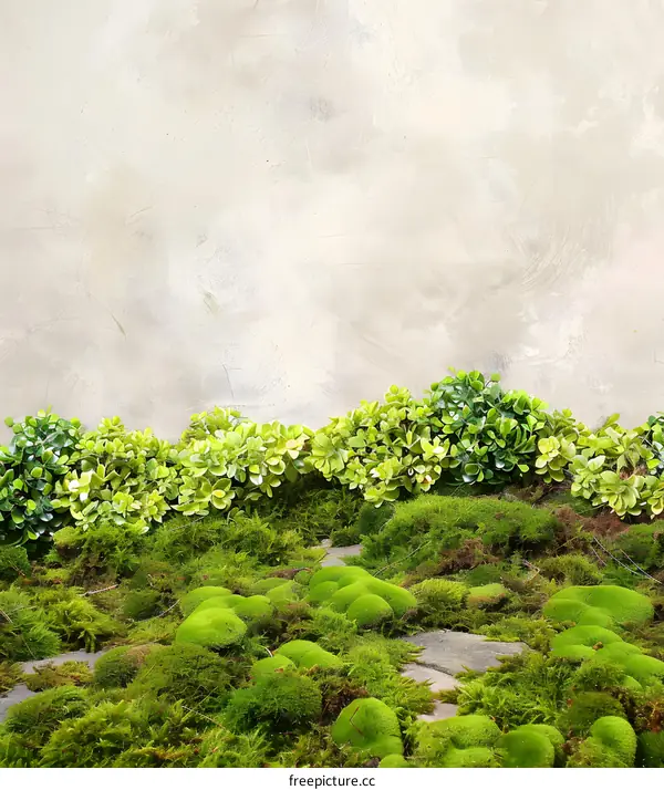 Green Moss and Greenery Against White Wall