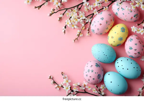 Spring Easter Eggs and Blossoms on Pink Background