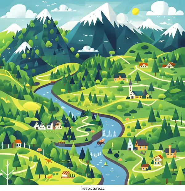 Mountain Landscape with River and Village Illustration