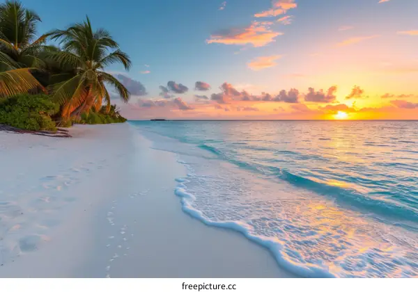 Beach sunset with palm trees