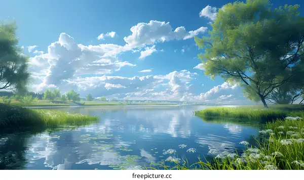 Blue sky, white clouds, green trees and lake