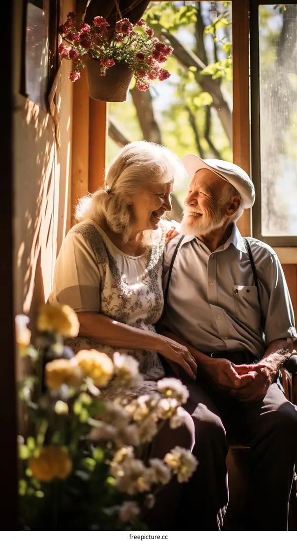 An elderly couple is sitting on a bench in a sunlit room.