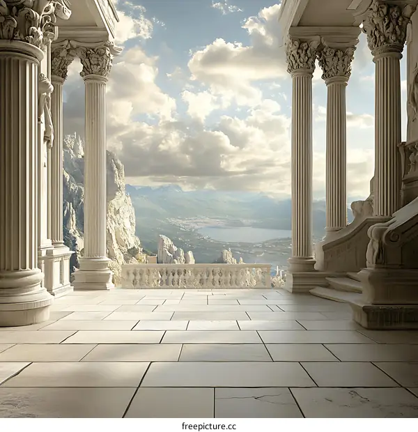 Ancient Greek Columns Balcony View of Mountains and Sea