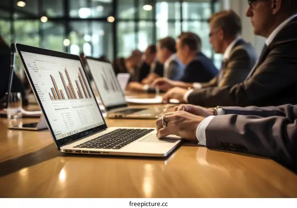 Business professionals in a meeting discussing financial data and graphs on laptop computers