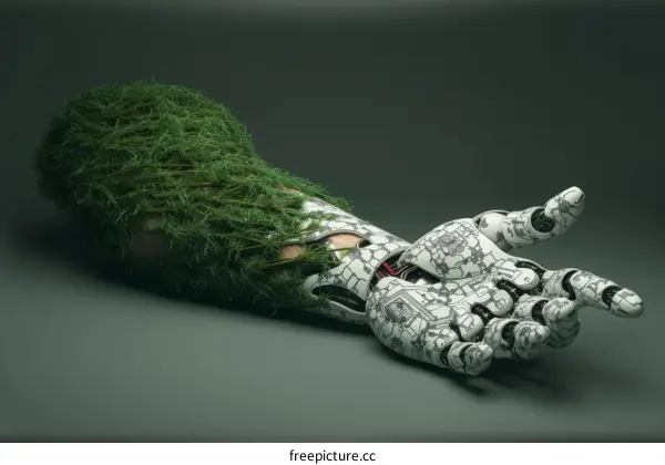 robot arm covered with green moss