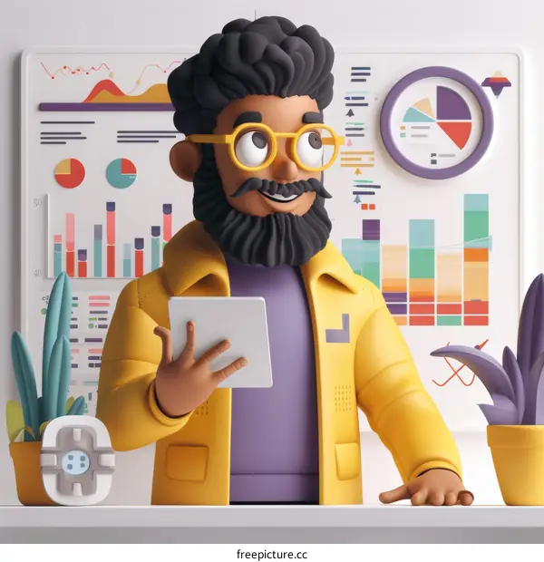 A 3D illustration of a businessman looking at a tablet.