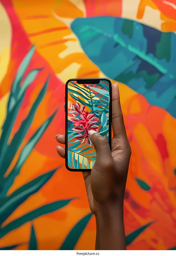 Hand holding Smartphone with Tropical Leaves Wallpaper