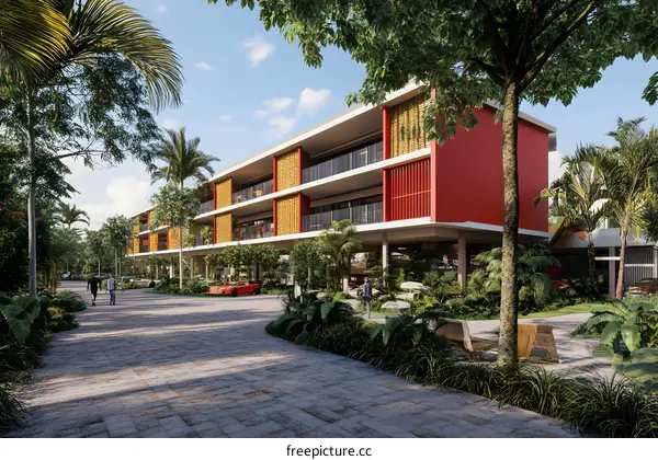 Modern Architecture Building With Palm Trees In Front