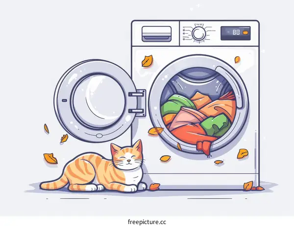 A ginger cat is lying next to a washing machine