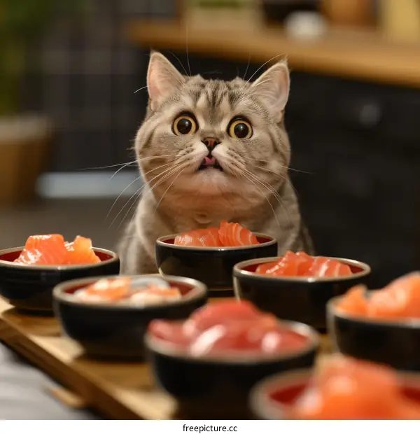 Cat looking at a table full of sushi