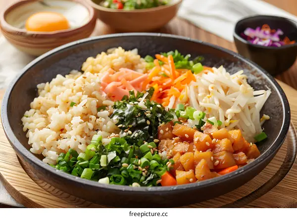 Close Up of a Delicious Bibimbap Bowl with Rice, Vegetables, and Meat