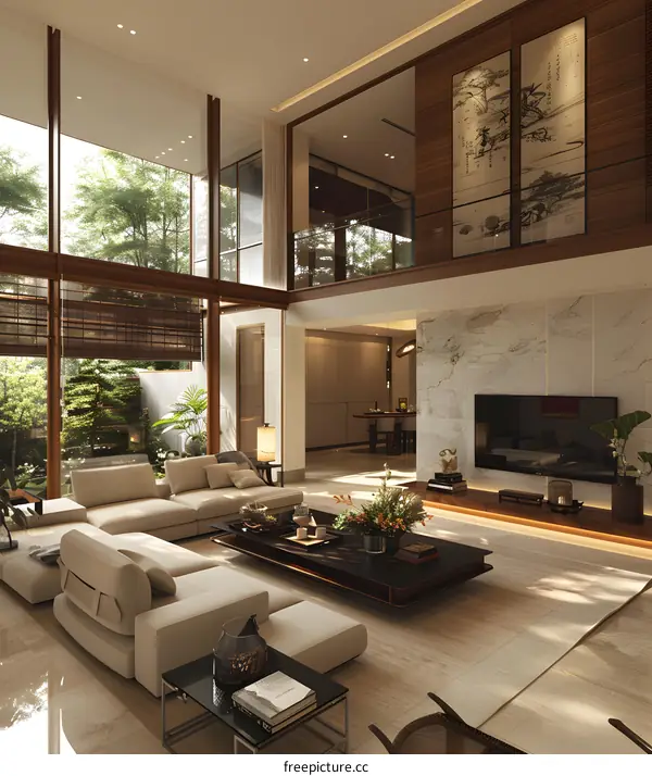 Modern living room with large windows and garden view