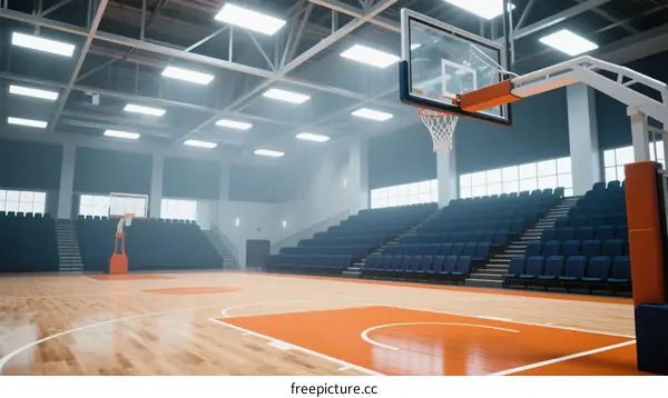 Indoor basketball court with wooden floor and empty spectator seats