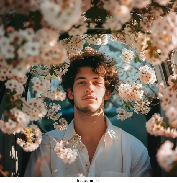 Young man with curly hair sitting in a car surrounded by white cherry blossoms