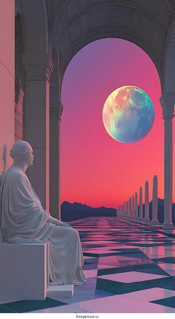 Woman Sitting in a Colonnade Looking at the Moon