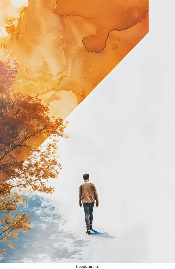 Man Walking Away From Autumn Tree With Abstract Background