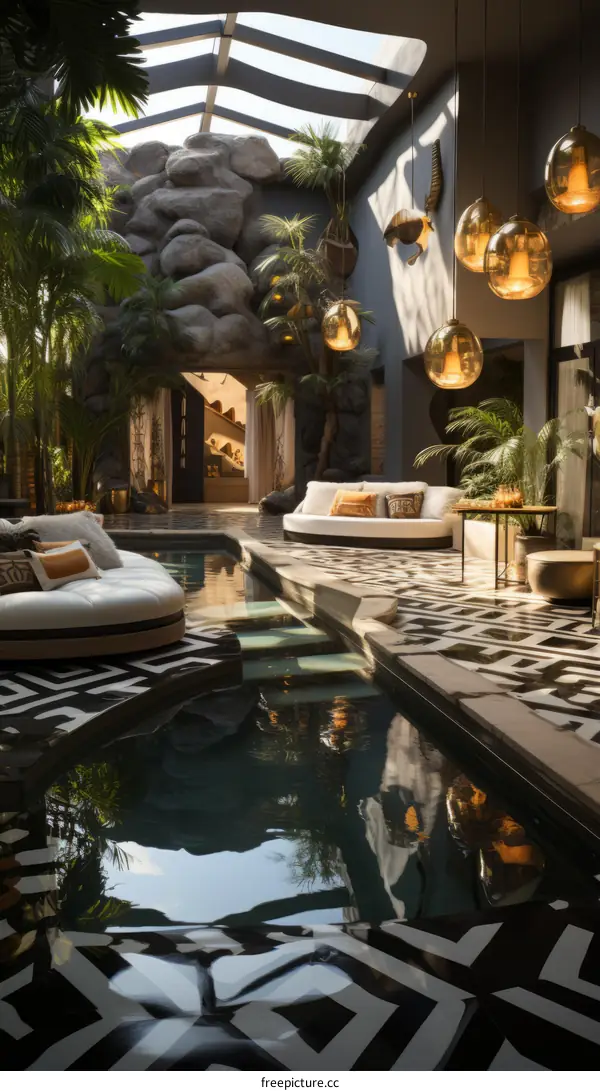 Modern luxury house interior design with pool