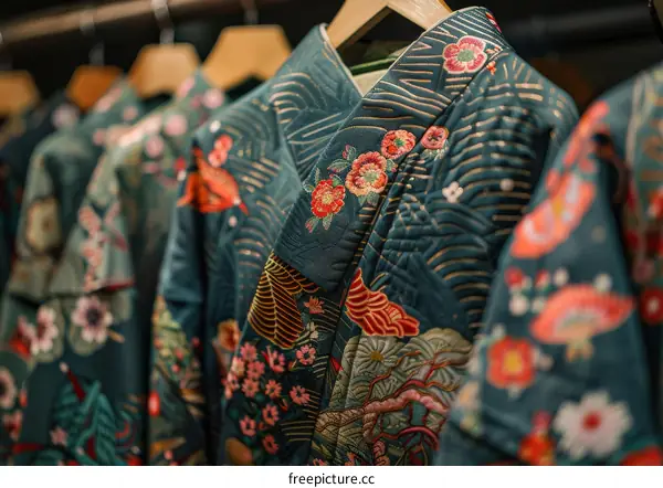 A rack of embroidered kimono-style jackets with floral patterns.