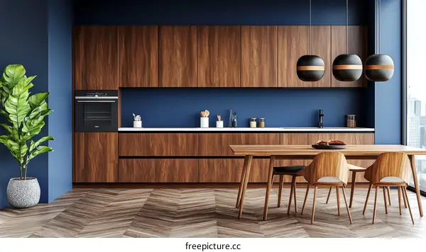 Modern Kitchen Design with Wooden Cabinets and Dark Blue Walls