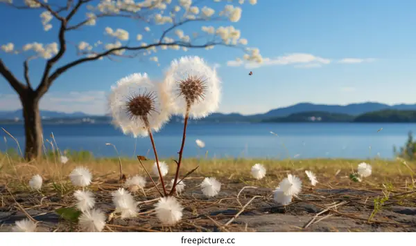 Two Dandelions by the Lake in Spring