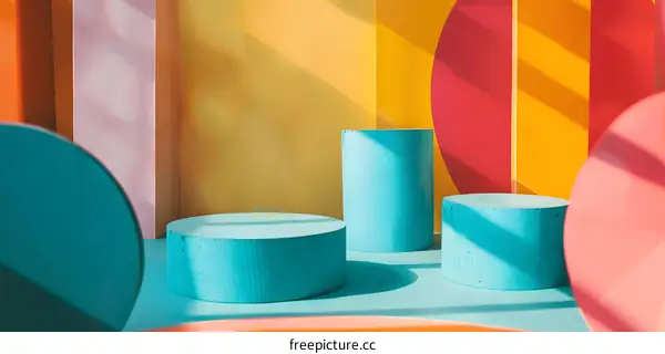 Abstract Minimalist Blue Yellow Pink Geometric Shapes Studio Background