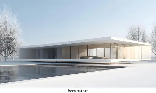 Modern Minimalist House Design with Swimming Pool and Bare Trees