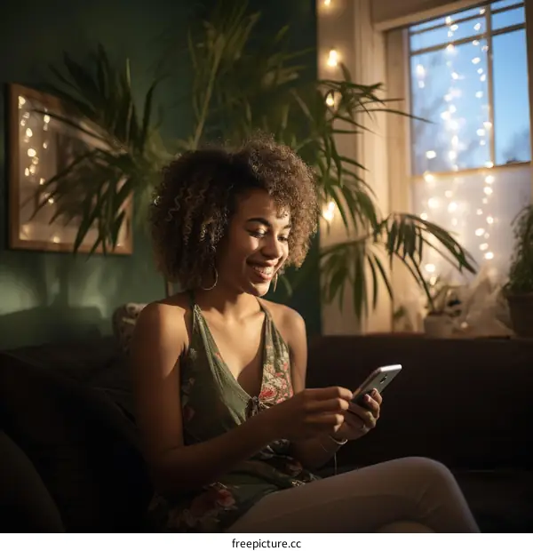 Smiling woman sitting on couch and looking at her phone