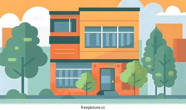 Modern Flat Design Illustration Of A Residential Building With Green Trees