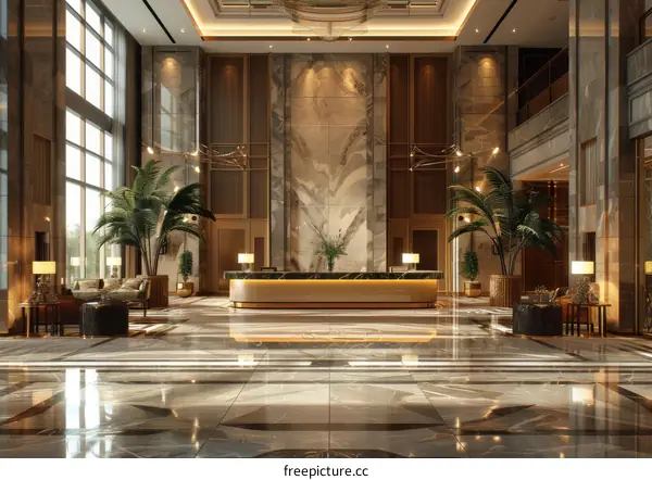 Modern hotel lobby interior with marble floor and golden elements