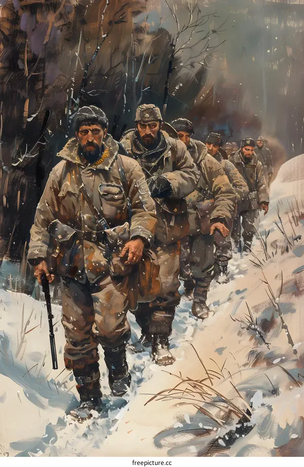 Soldiers Marching Through Snowy Forest During Winter