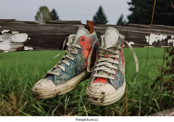 A pair of colorful sneakers hanging on a wooden fence